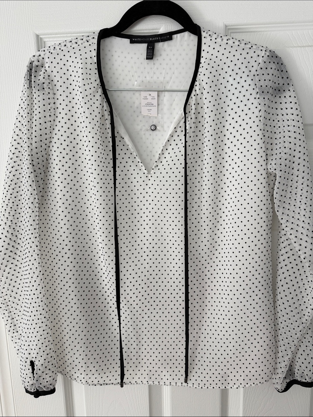 White House Black Market White Polka Dot Button-Down Shirt with Black Trim